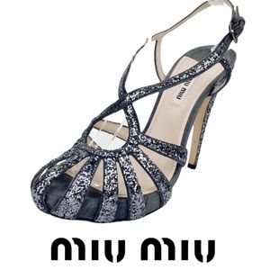Miu Miu Silver Glitter Strap Sandal Heels / Ardesia / MSRP $956 / Women’s 8.5